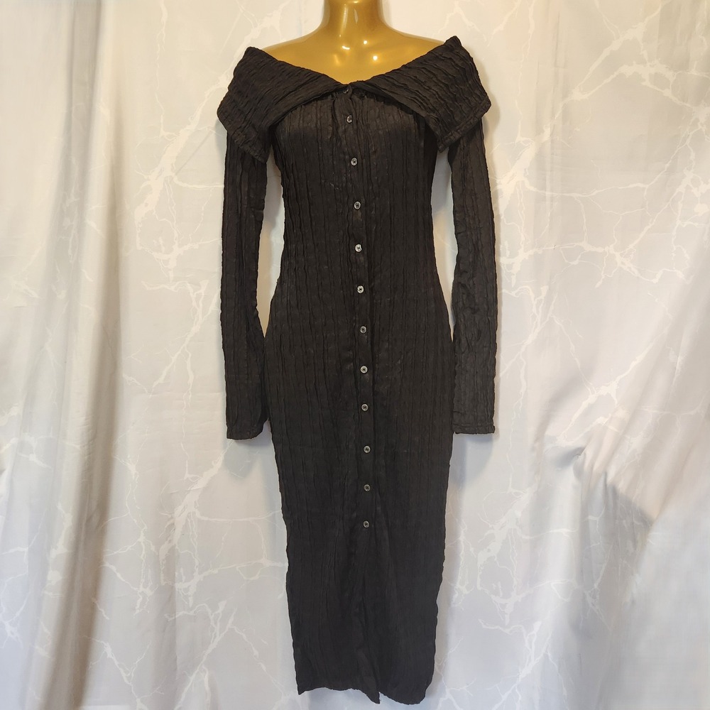 Unbranded Off The Shoulder Dress Women's S Black Button Up Long Sleeve Textured